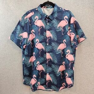 MANFINITY | Flamingo Tropical Palm Print Short Sleeve Button Down Shirt Mens L